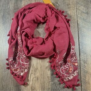 SPRING BOHO Scarf Womens 28” X 70” Red Floral Embroidered Tassled Pom Pom Wrap